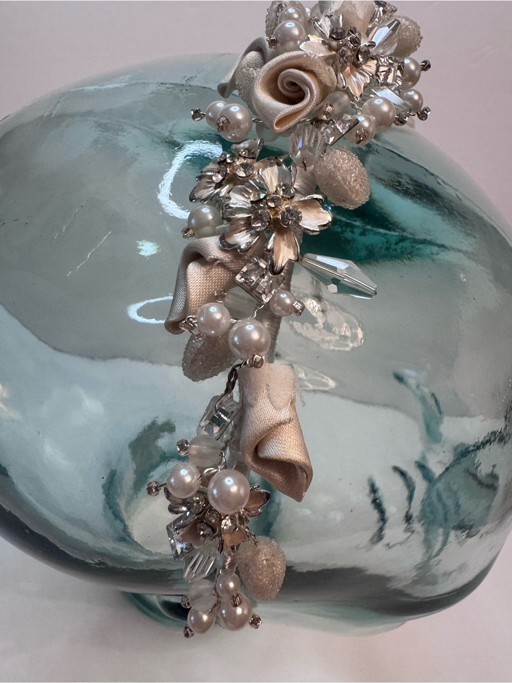 David's Bridal Champagne and Ivory Floral Pearl Headband